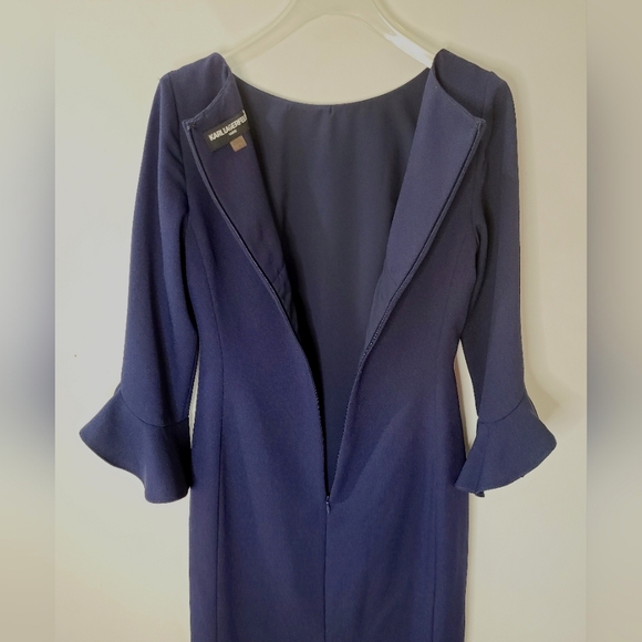 KARL LAGERFELD PARIS Navy Blue Scuba Crêpe Sheath Ruffle Sleeve Dress Sz S - Picture 9 of 16